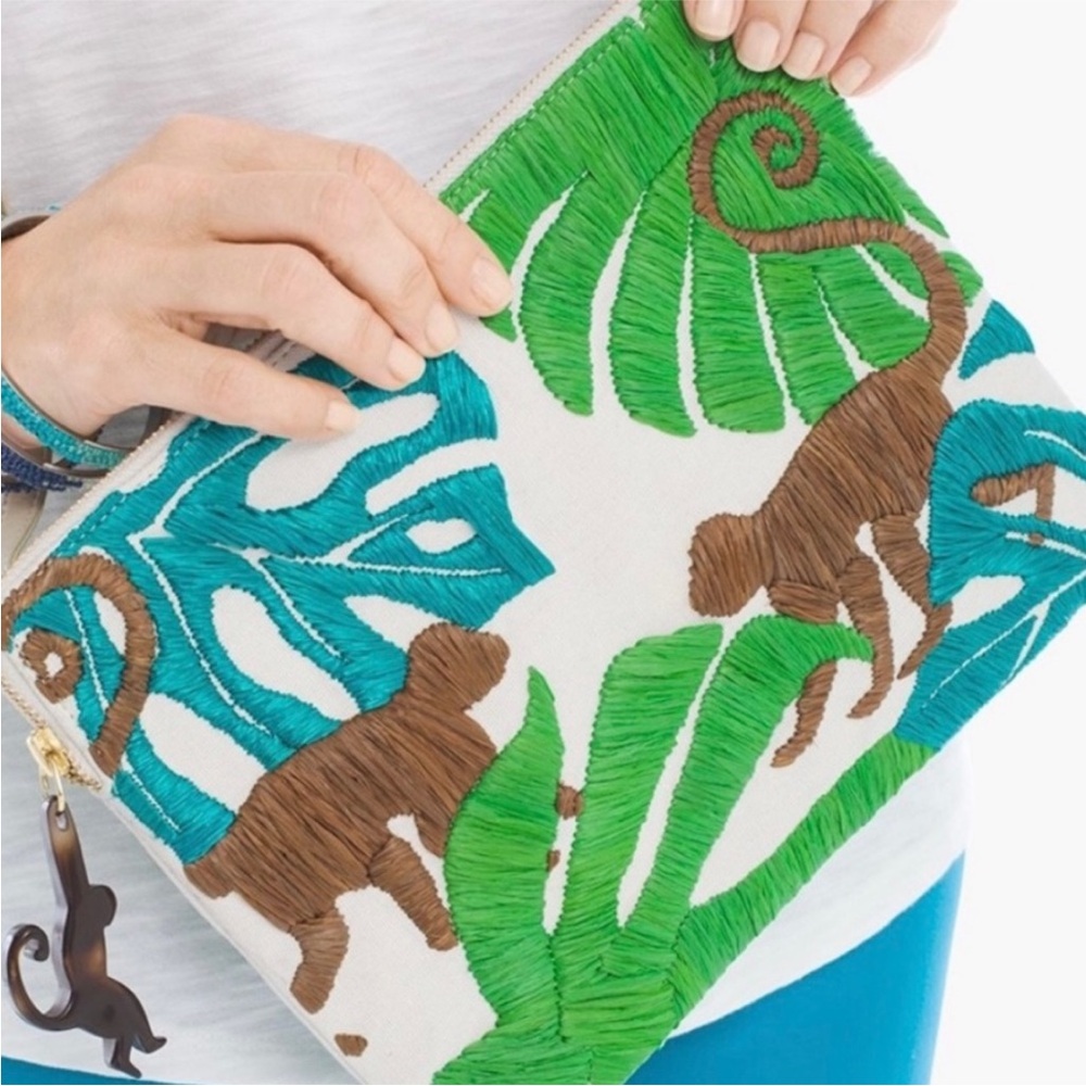 NWOT- CHICO’s MONKEY CLUTCH WRISTLET w STITCH EMBROIDERY & MONKEY PULL ZIPPER